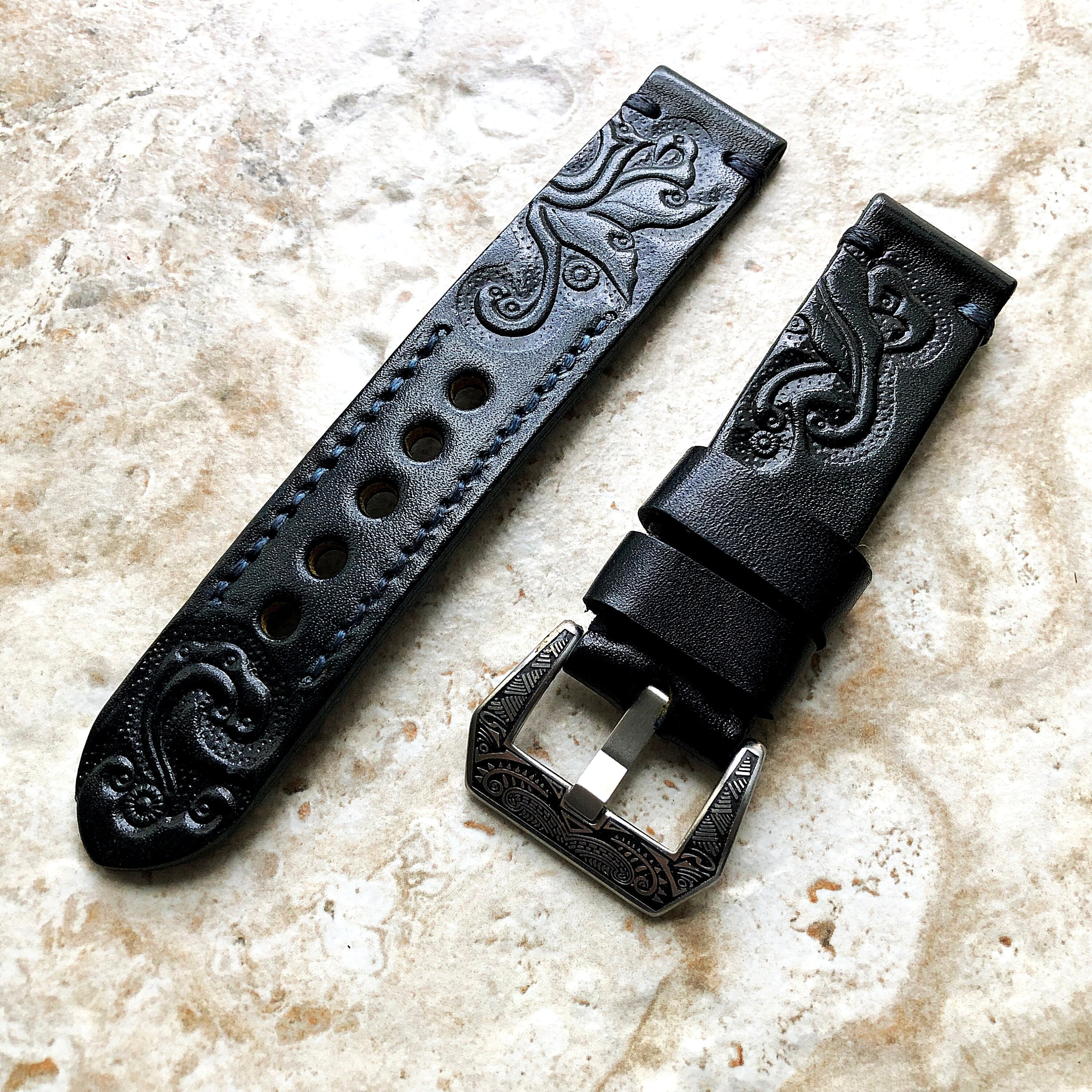 Dark Blue Band 22mm 24mm 25mm Compatible with Apple Watch Fitbit Versa 2 3 4 Sense 2 Ionic Embossed Tooled Real Leather Handmade Strap